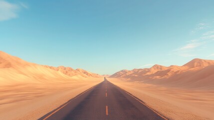 desert highwy with endless stretches of snd dunes under  cler blue sky