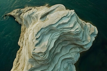 Obraz premium Aerial view layered rock formation, turquoise water, sunset, travel brochure