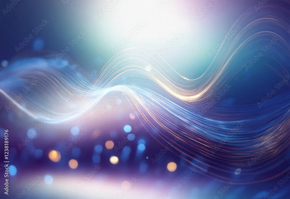 Poster Abstract sci-fi background featuring a double exposure effect.  Flowing, luminous waves create a dreamy, otherworldly scene with bokeh lights.