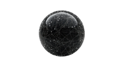 Black sphere showing interconnected network on transparent background