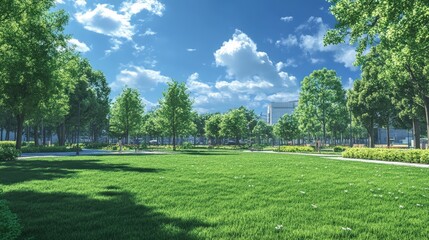 Obraz premium A park in the city with wide lawns and green grass, offering a peaceful retreat.