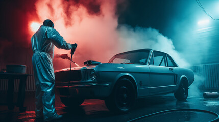 Car painter in white protective suit painting car with spray gun at auto workshop