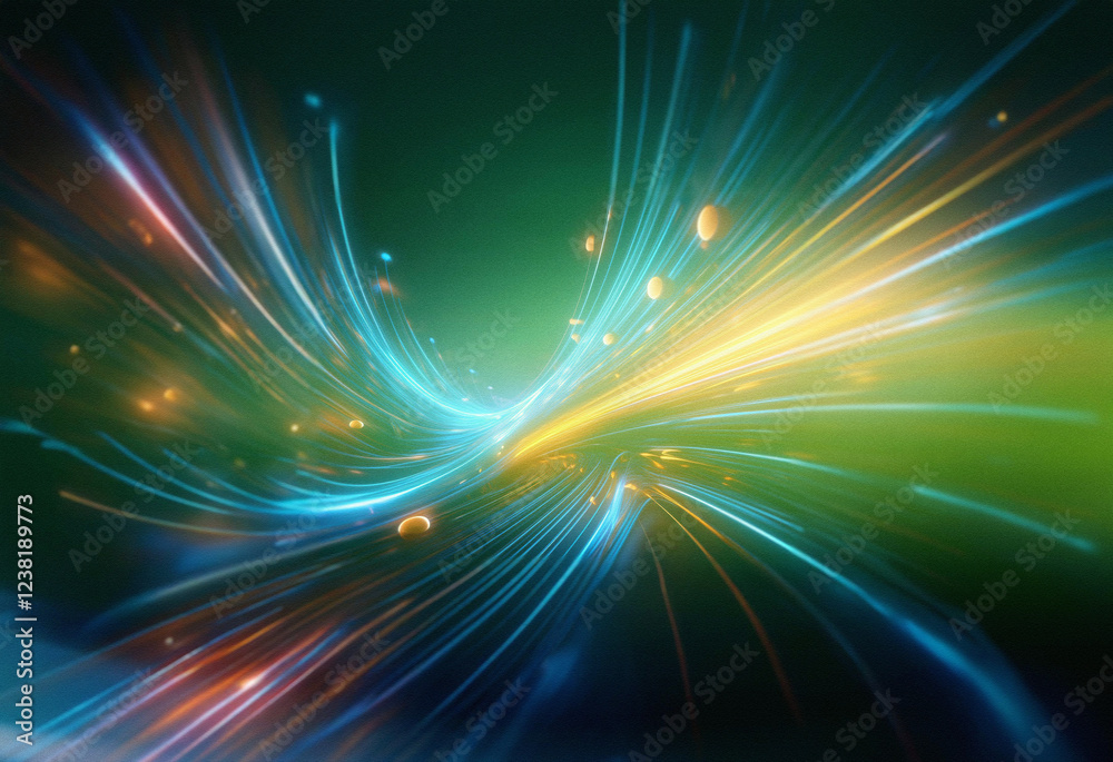Poster Abstract sci-fi background featuring a double exposure effect.  Bright, swirling light trails create a dynamic, futuristic aesthetic.