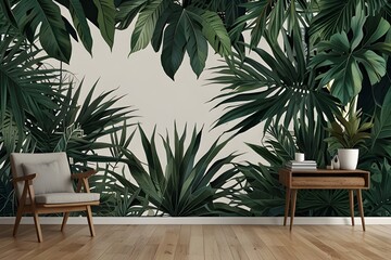 Fototapeta premium Palm leaves, palm branches, abstract drawing, tropical leaves.Photo wallpapers for walls Generative AI
