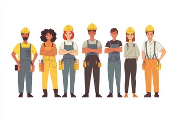 Skilled construction team of diverse individuals in dungarees and hardhats, 