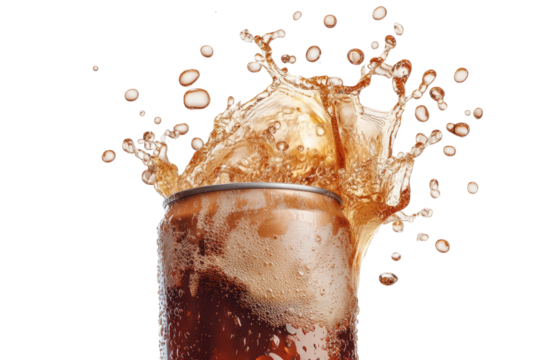  A cola can opened with fizzing cola splashing out,  on transparent background