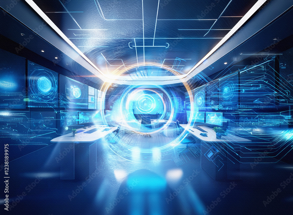 Poster abstract sci-fi interior scene with a double exposure effect. futuristic control room, glowing blue 