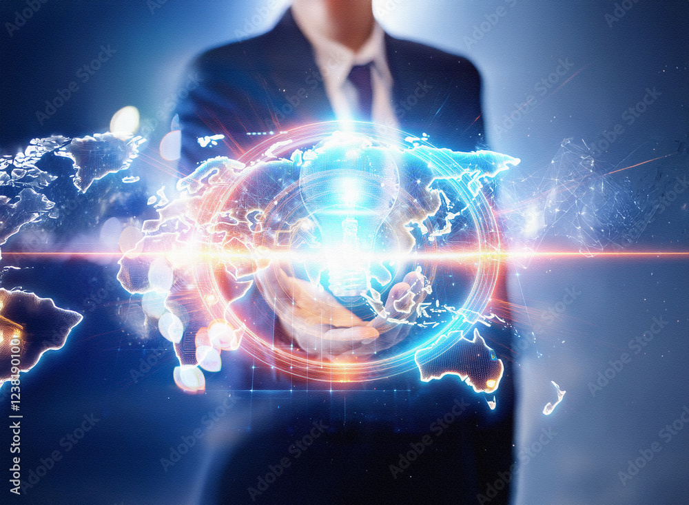 Poster abstract double exposure image. a businessman interacts with a glowing, futuristic world map, set ag