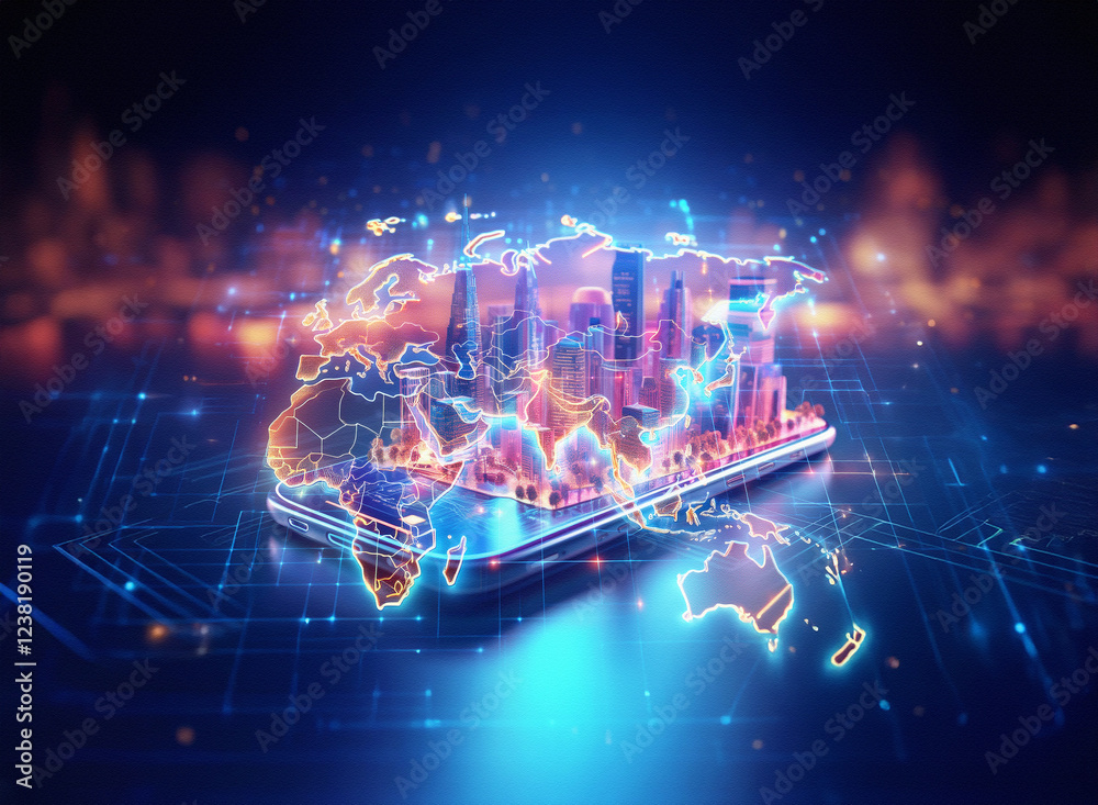 Poster abstract sci-fi double exposure image. a futuristic city skyline sits atop a world map displayed on 