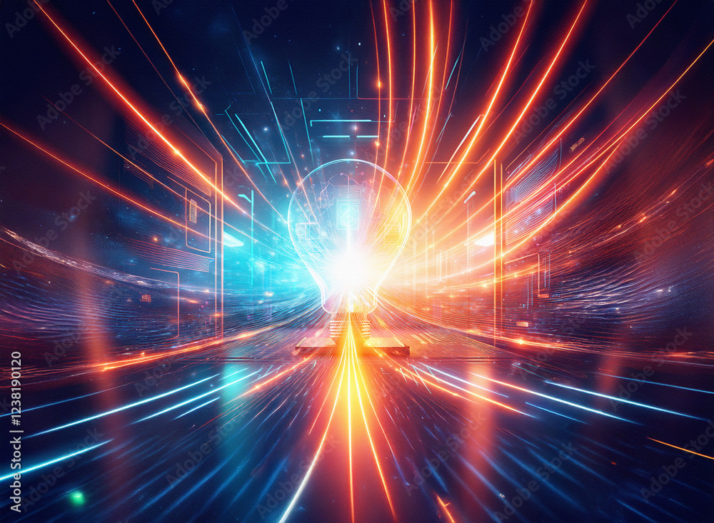 Poster abstract sci-fi double exposure image. glowing energy streaks converge on a central lightbulb form a