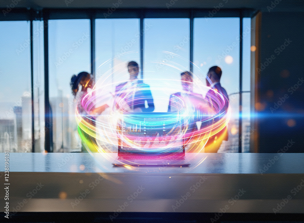 Poster Abstract double exposure image.  Sci-fi styled glowing orb encircles a laptop on a table, with blurred business people in the background.  Modern office setting.