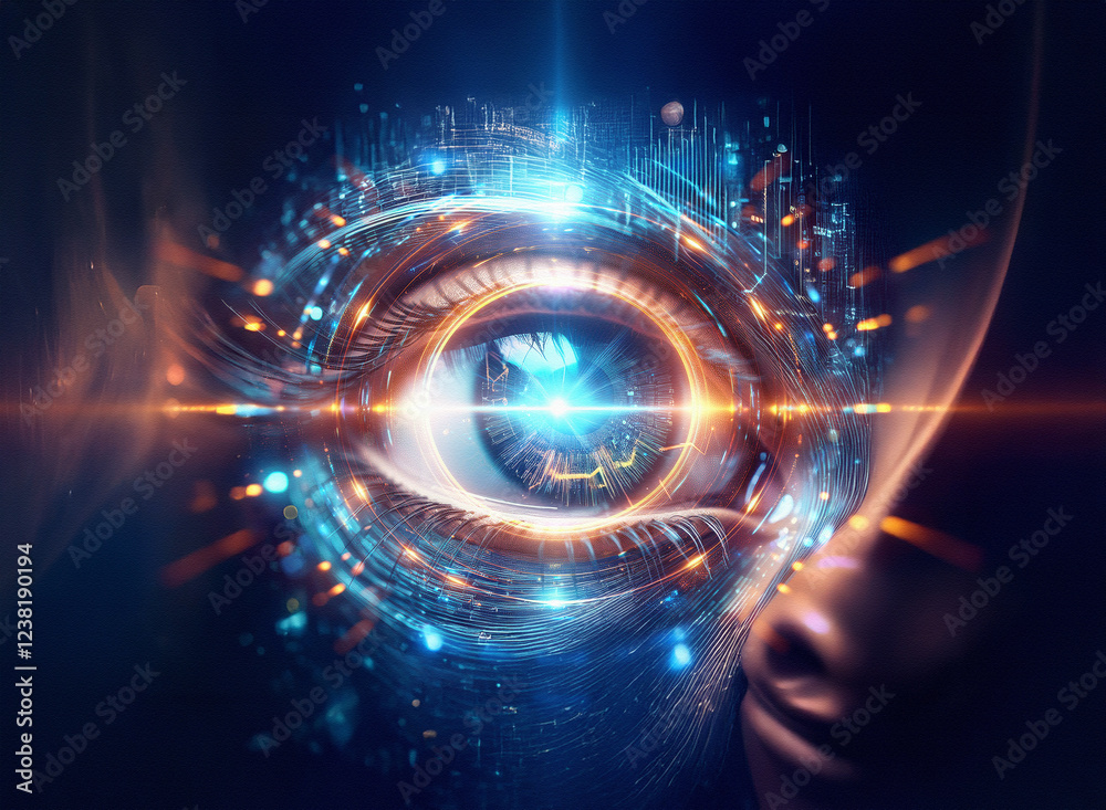 Poster abstract sci-fi double exposure image of a glowing eye, detailed with intricate circuitry, set again