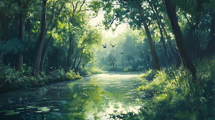 Obraz premium Vibrant Forest Scene with Sunlight Streaming Through Green Foliage, a Reflective River, and Birds Flying Above, Showcasing the Serenity of Nature