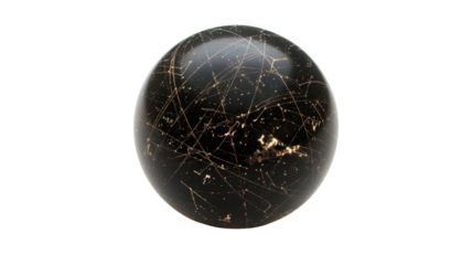 Black sphere showing intertwined golden lines on transparent background