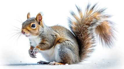 Obraz premium A cute, fuzzy striped squirrel, bushy tail prominent, captured in high-resolution detail against a pristine white background.