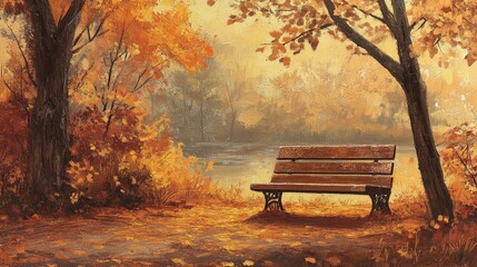 A peaceful autumn park bench, set against a backdrop of golden and crimson leaves, offers a perfect escape into nature