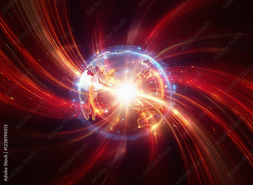 Poster abstract sci-fi double exposure image. a glowing earth at the center is surrounded by swirling red a