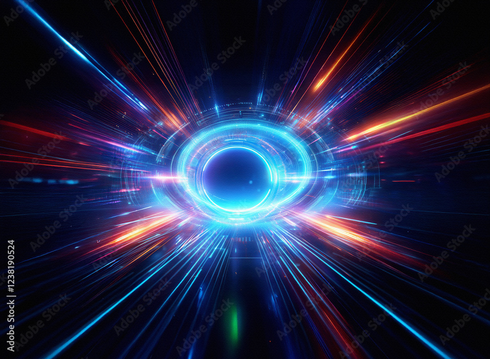 Poster Abstract sci-fi double exposure background image.  Vibrant light streaks radiate from a glowing central ring, creating a sense of speed and futuristic energy.
