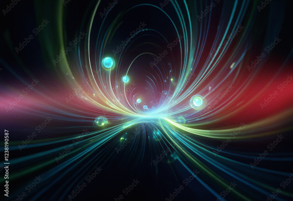 Poster abstract sci-fi double exposure background. glowing lines and orbs converge in a mesmerizing, futuri