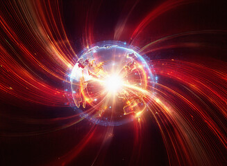 Obraz premium Abstract sci-fi double exposure image. A glowing earth at the center is surrounded by swirling red and orange energy streams against a dark background. The effect is dynamic and energetic.