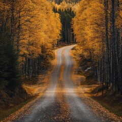 Obraz premium forest rod surrounded by golden leves in pek utumn seson