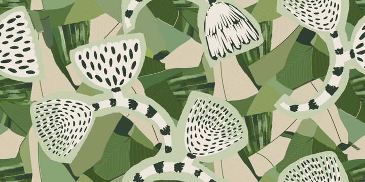 Artistic hand drawn botanical print. Unique plants illustrations collage seamless pattern. 