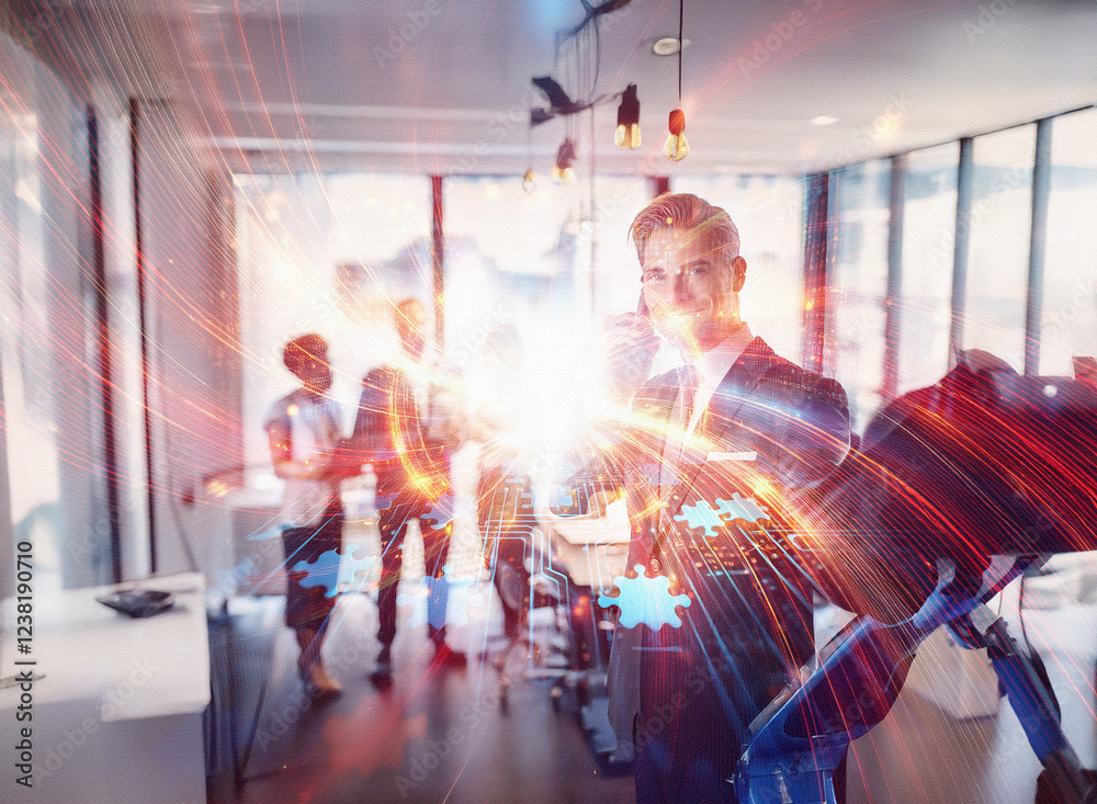 Poster Abstract sci-fi double exposure image. A businessman interacts with glowing network gears in a modern office, his team blurred in the background.