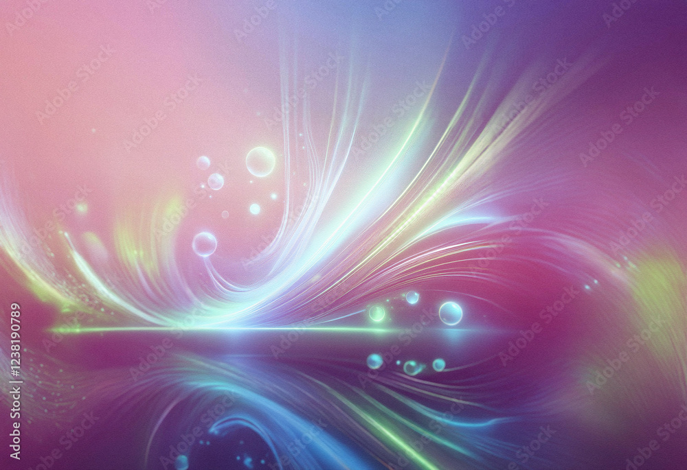 Poster abstract sci-fi double exposure background image. glowing pastel colors, light streaks, and floating