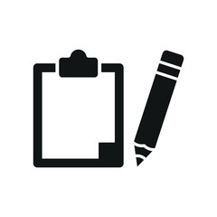 Clipboard and pencil set stationery icon in flat style, featuring a clipboard with paper and a sharp pencil, perfect for office, school, and productivity themes.
