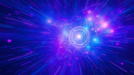 Fototapeta premium Abstract background in blue and purple neon glow colors. Speed of light in galaxy. Explosion in universe. Space background for event, party, carnival, celebration, anniversary or. Generative AI