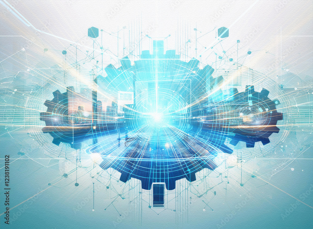 Poster abstract sci-fi cityscape background, a double exposure effect shows a city scene within a large gea