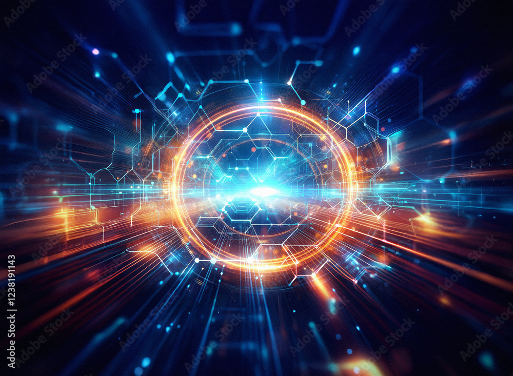 Aufkleber abstract sci-fi background featuring a double exposure of a glowing circular portal with intricate c