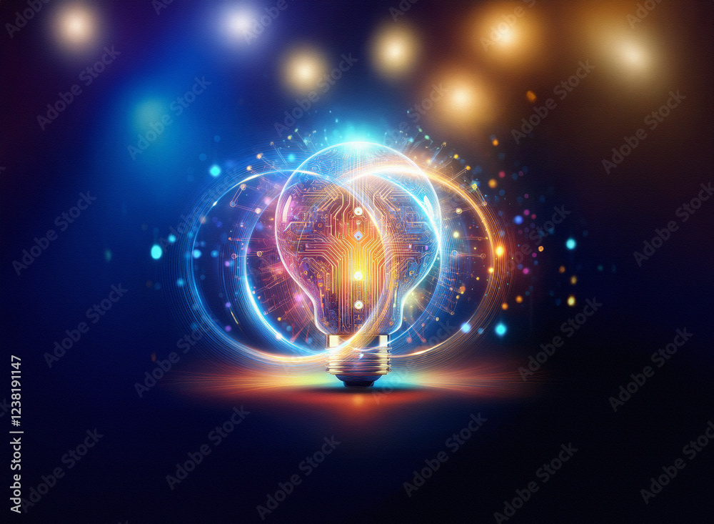 Poster abstract sci-fi double exposure image of a glowing lightbulb against a dark background, radiating en