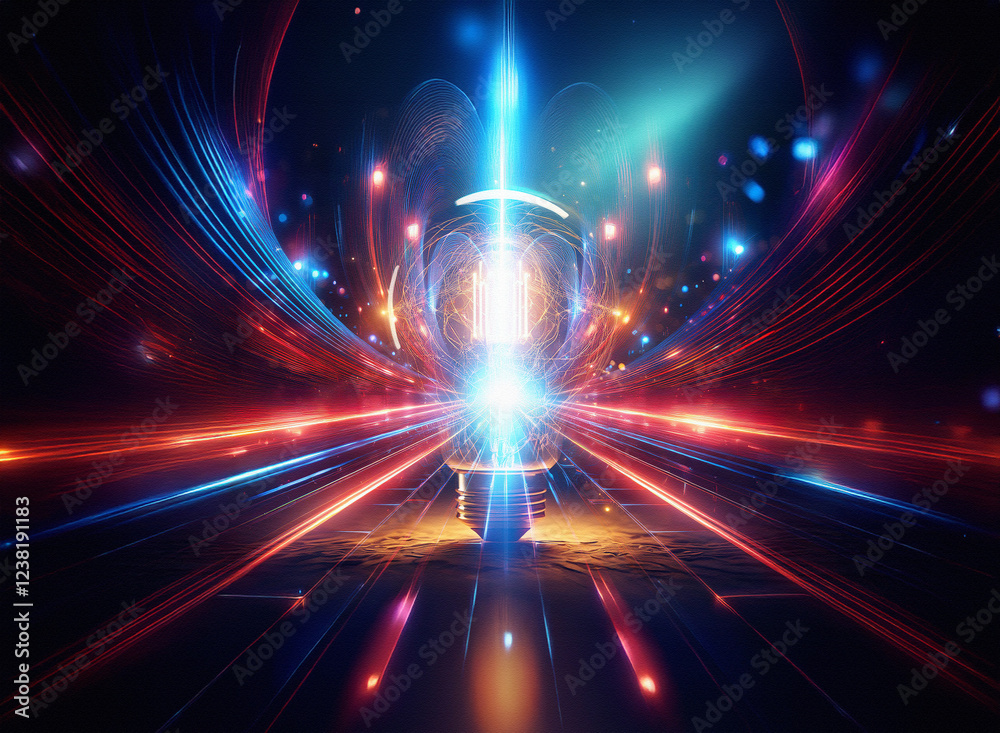 Poster abstract sci-fi double exposure image. glowing lightbulb at center, surrounded by vibrant, dynamic s