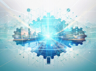 Abstract sci-fi cityscape background, a double exposure effect shows a city scene within a large gear, representing technological advancement and futuristic infrastructure.