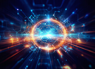Obraz premium Abstract sci-fi background featuring a double exposure of a glowing circular portal with intricate circuitry, radiating energy and speed.