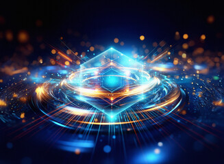 Abstract sci-fi background featuring a double exposure of a glowing geometric shape at the center, surrounded by swirling energy and bokeh lights.