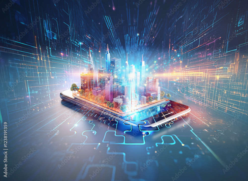 Poster a vibrant cityscape emerges from a smartphone, symbolizing the convergence of technology and urban l
