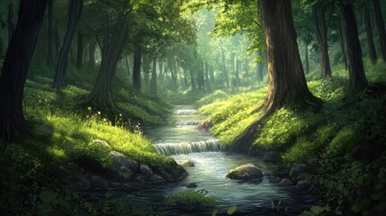 Obraz premium A gentle river flowing through a lush green forest, symbolizing peace, harmony, and the strength of women.