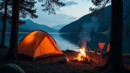 a tourist tent. nearby there are folding tourist chairs and a bonfire, with mountains and a lake in the background. camping, hiking, outdoor recreation concept