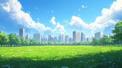 Fototapeta premium A peaceful city park, with an expanse of green grass and plenty of open space.