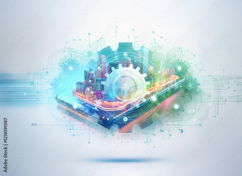 Poster abstract sci-fi double exposure image depicting a futuristic cityscape integrated with technology on