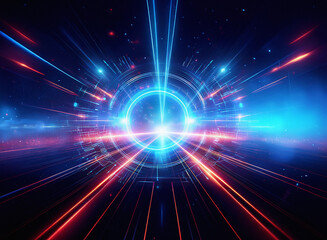 Obraz premium Abstract digital artwork depicting vibrant red and blue light streaks converging towards a central glowing circle, suggesting speed, technology, and futuristic travel.