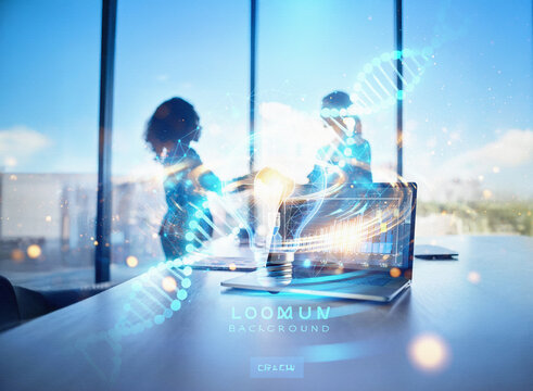 Silhouetted figures interact with a glowing laptop displaying DNA strands, symbolizing technological advancement in genetics and medicine, set against a modern office backdrop.