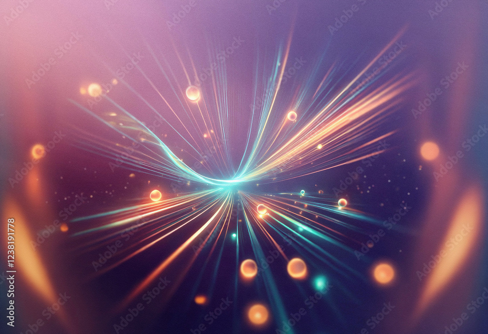 Poster abstract artwork featuring vibrant, swirling light streaks in teal and orange hues, radiating from a