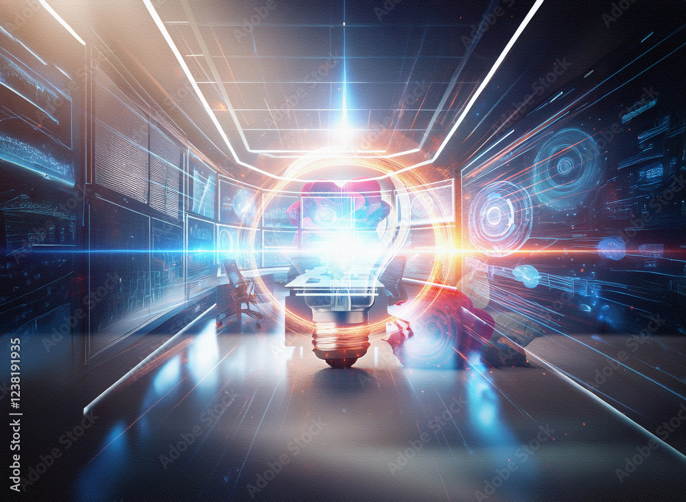 Leinwandbilder Abstract sci-fi double exposure image. Glowing lightbulb in futuristic control room; digital displays and streaks of light create a dynamic background.