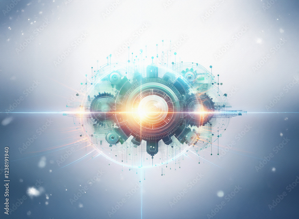 Aufkleber Abstract sci-fi double exposure image. Glowing gears and lines form a futuristic sphere against a hazy background.  Intricate details and vibrant colors create a dynamic, technological aesthetic.