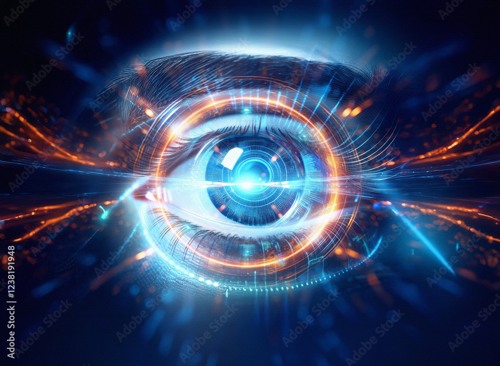 Aufkleber abstract sci-fi double exposure image of a futuristic eye, glowing with digital energy against a dar