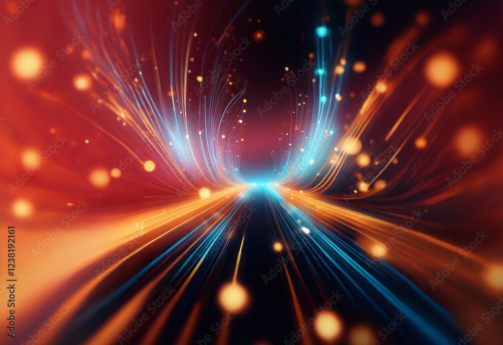 Poster Abstract sci-fi double exposure image. Glowing orange and blue light streaks converge, creating a dynamic, futuristic tunnel effect against a bokeh background.