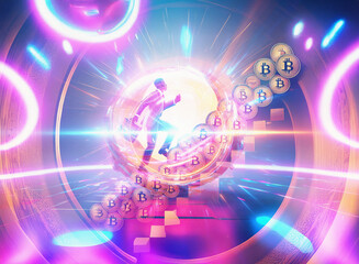 Abstract sci-fi double exposure image. A figure ascends a spiral of glowing cryptocurrency symbols within a vibrant, swirling background of neon lights and energy bursts.